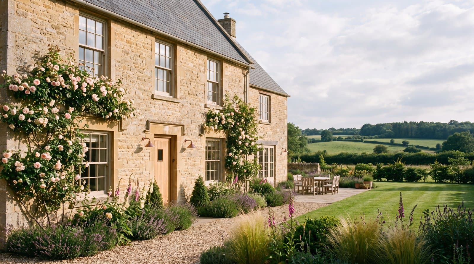 Cotswold stone cottage with a slate roof, climbing roses, and a lawned garden